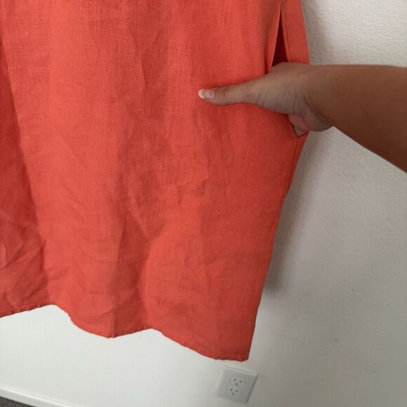Chicos Linen Orange Fluted Sleeve Shift Dress Sz 8 Pockets Collared Minimalist - Picture 7 of 11